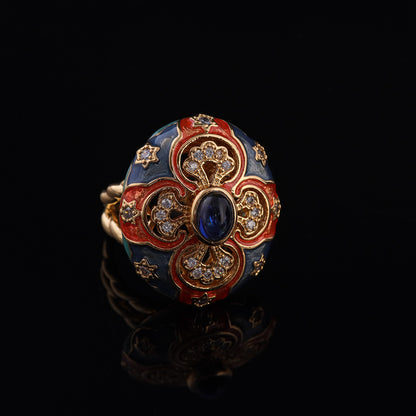Vintage Enamel Floral Elegant Open Ring Handcrafted Design
