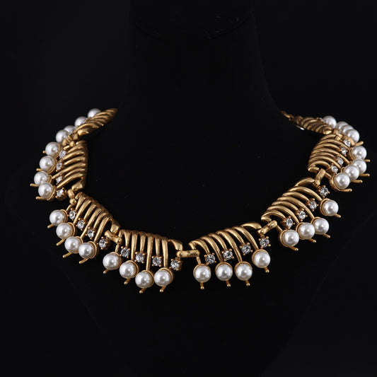 Vintage Pearl Geometric Artisan Stone Inlay Necklace for Ladies