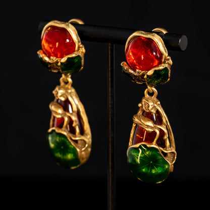 Vintage Enamel Leaf Refined Earrings Handcrafted Design