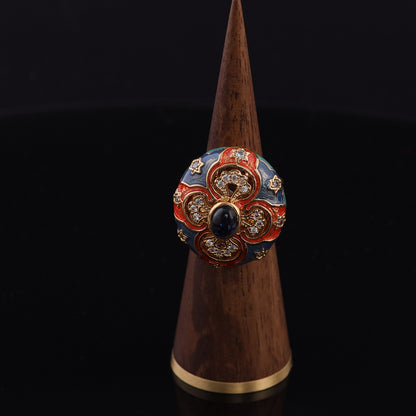 Vintage Enamel Floral Elegant Open Ring Handcrafted Design