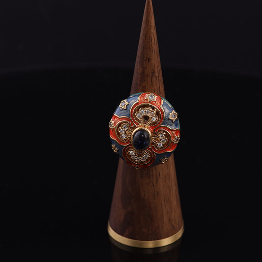 Vintage Enamel Floral Elegant Open Ring Handcrafted Design