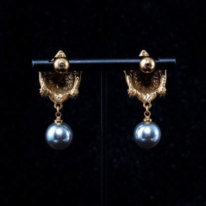 Vintage Pearl Artisan Stone Inlay Earrings Handcrafted Design
