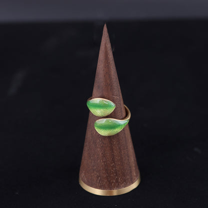 Vintage Enamel Leaf Classic Open Ring Handcrafted Design