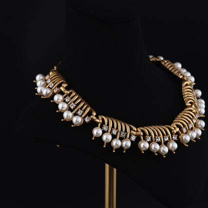 Vintage Pearl Geometric Artisan Stone Inlay Necklace for Ladies
