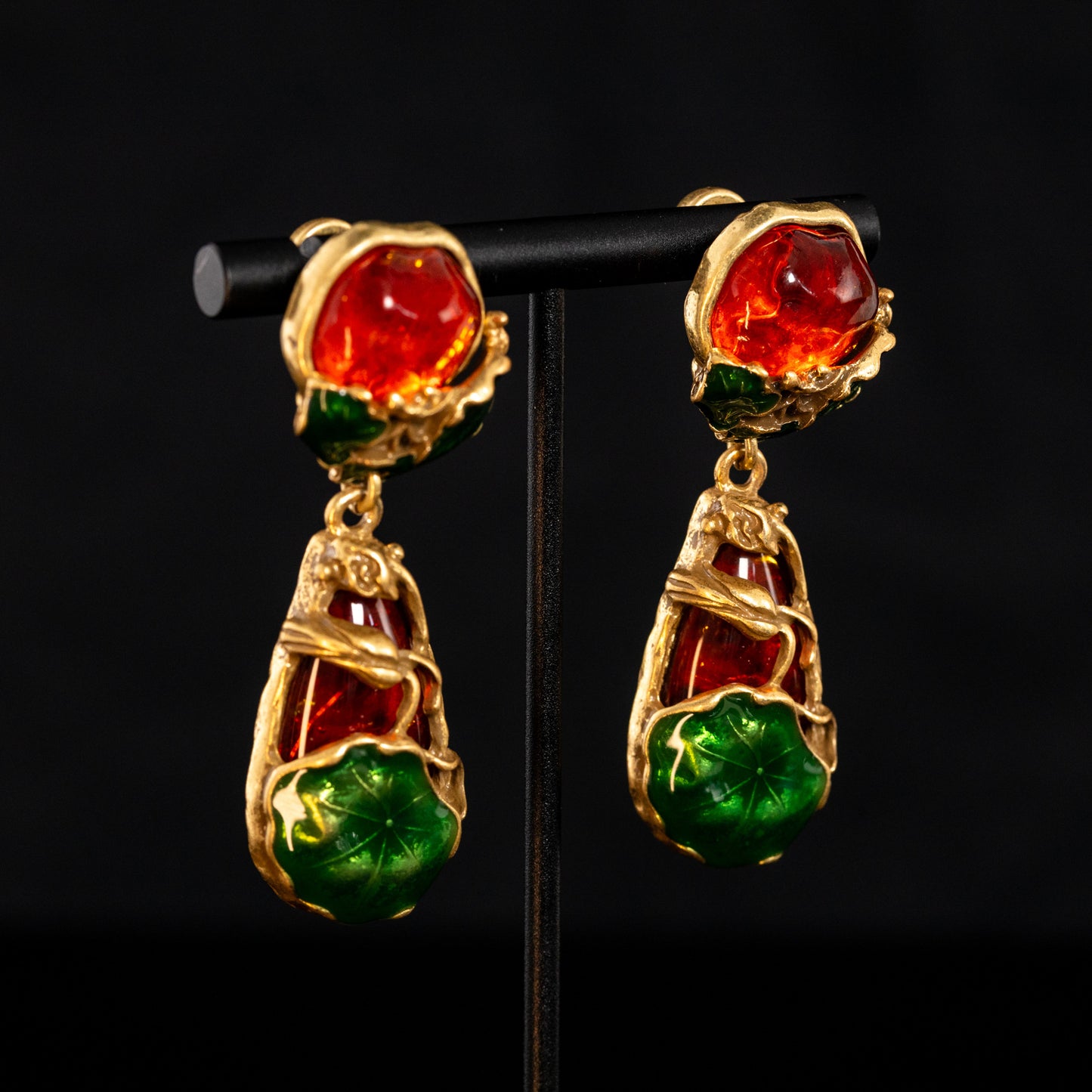 Vintage Enamel Leaf Refined Earrings Handcrafted Design