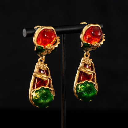 Vintage Enamel Leaf Refined Earrings Handcrafted Design