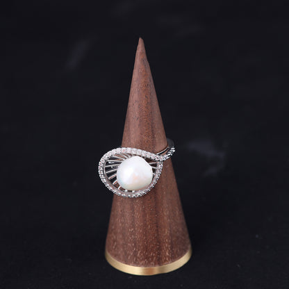 Vintage Pearl Geometric Luxury Handcrafted Open Ring