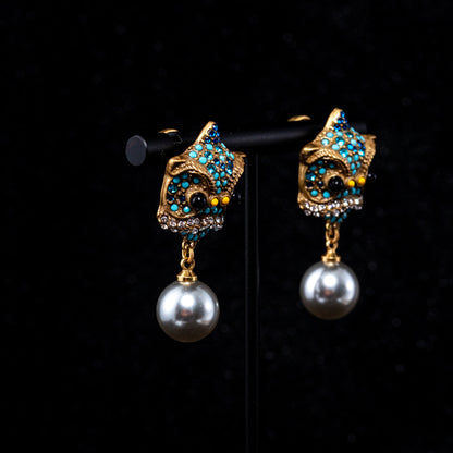 Vintage Pearl Artisan Stone Inlay Earrings Handcrafted Design
