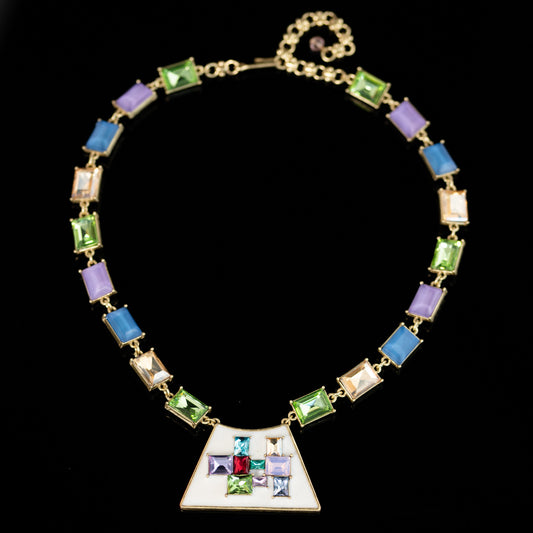 Vintage Crystal Geometric Refined Stone Inlay Necklace Handcrafted Design