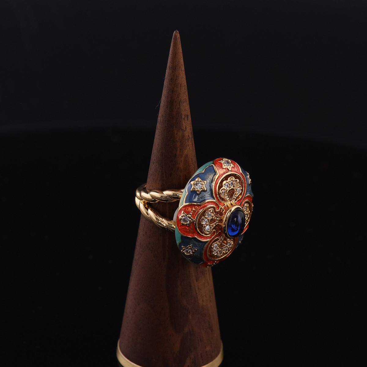 Vintage Enamel Floral Elegant Open Ring Handcrafted Design