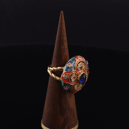 Vintage Enamel Floral Elegant Open Ring Handcrafted Design