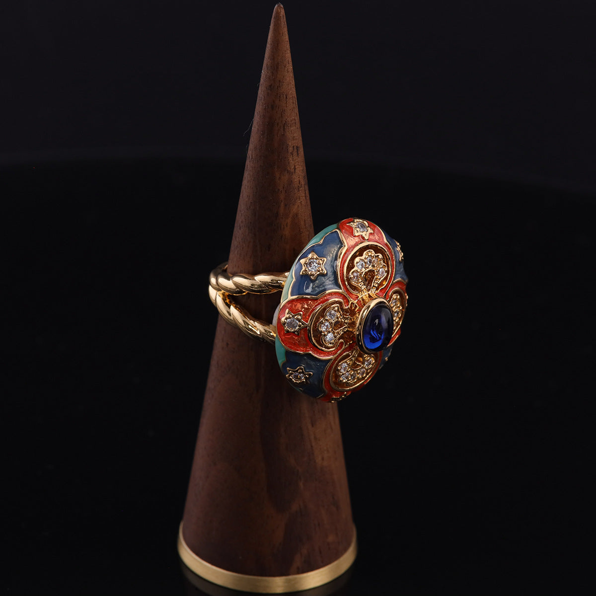 Vintage Enamel Floral Elegant Open Ring Handcrafted Design