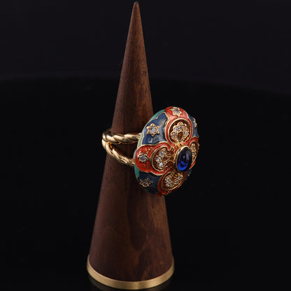 Vintage Enamel Floral Elegant Open Ring Handcrafted Design