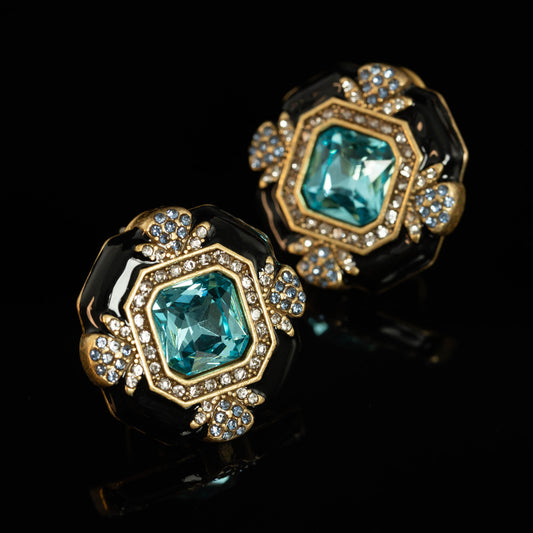 Vintage Enamel Refined Stone Inlay Earrings Handcrafted Design