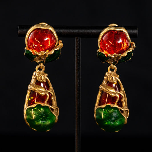 Vintage Enamel Leaf Refined Earrings Handcrafted Design