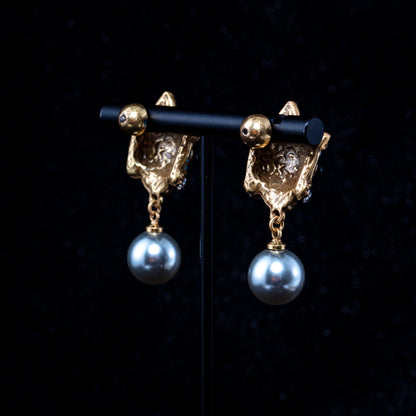 Vintage Pearl Artisan Stone Inlay Earrings Handcrafted Design